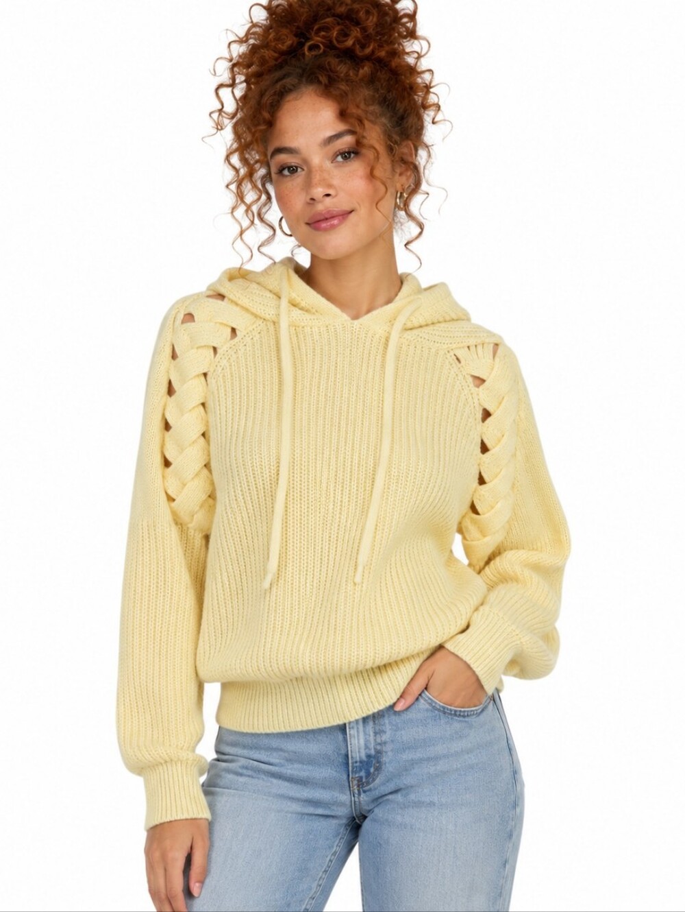 Vigoss Yellow Braided Sleeve Knit Hoodie Sweater NWT Women’s Size M